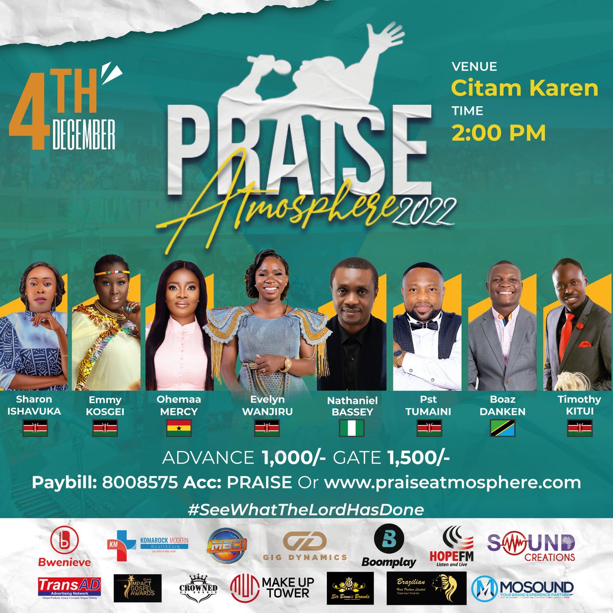 Gather your friends and families, Put on your praise attires and rub minds with some of the greatest ministers of worship in the Faith  as we propel the Kingdom of God together at the Praise Atmosphere 2022. See you there!

Or Online ticketing via
praiseatmosphere.com/events/