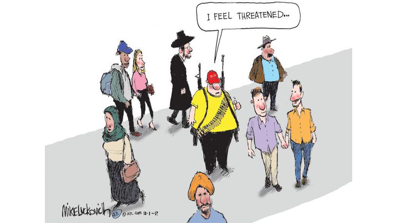 ShaneClaiborne's tweet photo. White men with guns continue to be the greatest threat to public safety in America. 

[cartoon by @mluckovichajc] https://t.co/Q08r2rHJnL