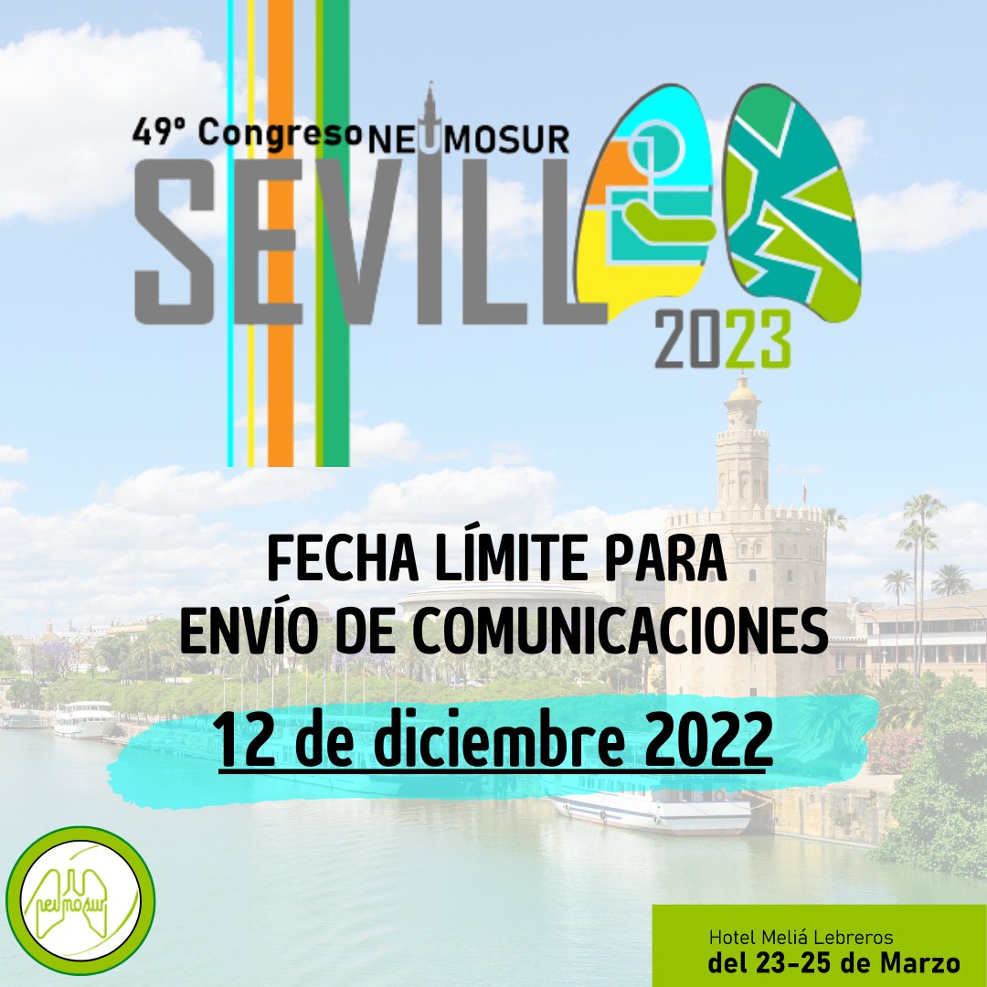 Neumosur's tweet photo. Os recordamos que la fecha límite de envío de comunicaciones para el 𝟒𝟗º 𝐂𝐨𝐧𝐠𝐫𝐞𝐬𝐨 𝐍𝐞𝐮𝐦𝐨𝐬𝐮𝐫, será el 𝟏𝟐 𝐝𝐞 𝐝𝐢𝐜𝐢𝐞𝐦𝐛𝐫𝐞 𝐚 𝐥𝐚𝐬 𝟐𝟑:𝟓𝟗𝐡. Esperamos vuestros trabajos, que podéis subir a través de:
https://t.co/UN4pkQzI6d
#49CongresoNeumosur https://t.co/Xc7Mfp6Nci