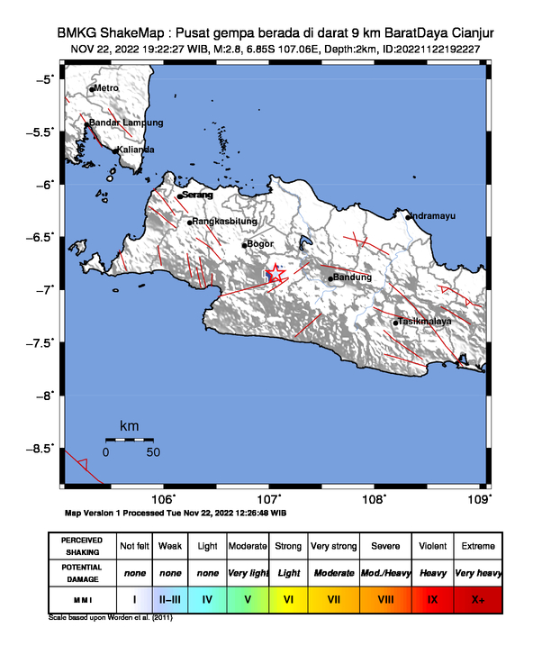 infoBMKG's tweet photo. #Gempa Mag:2.8, 22-Nov-22 19:22:27 WIB, Lok:6.85 LS, 107.06 BT (Pusat gempa berada di darat 9 km BaratDaya Cianjur), Kedlmn:2 Km Dirasakan (MMI) III Cugenang, III Cilaku #BMKG https://t.co/wZWjGzFWZg