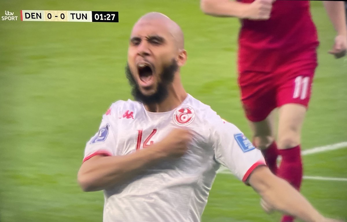 Footballtweet's tweet photo. This is what playing at a World Cup for your country does to players.

Less than 90 seconds played and he's celebrating a tackle. I love this tournament. It's special.

#DEN | #TUN | #FIFAWorldCup https://t.co/UY4b5kLxdx