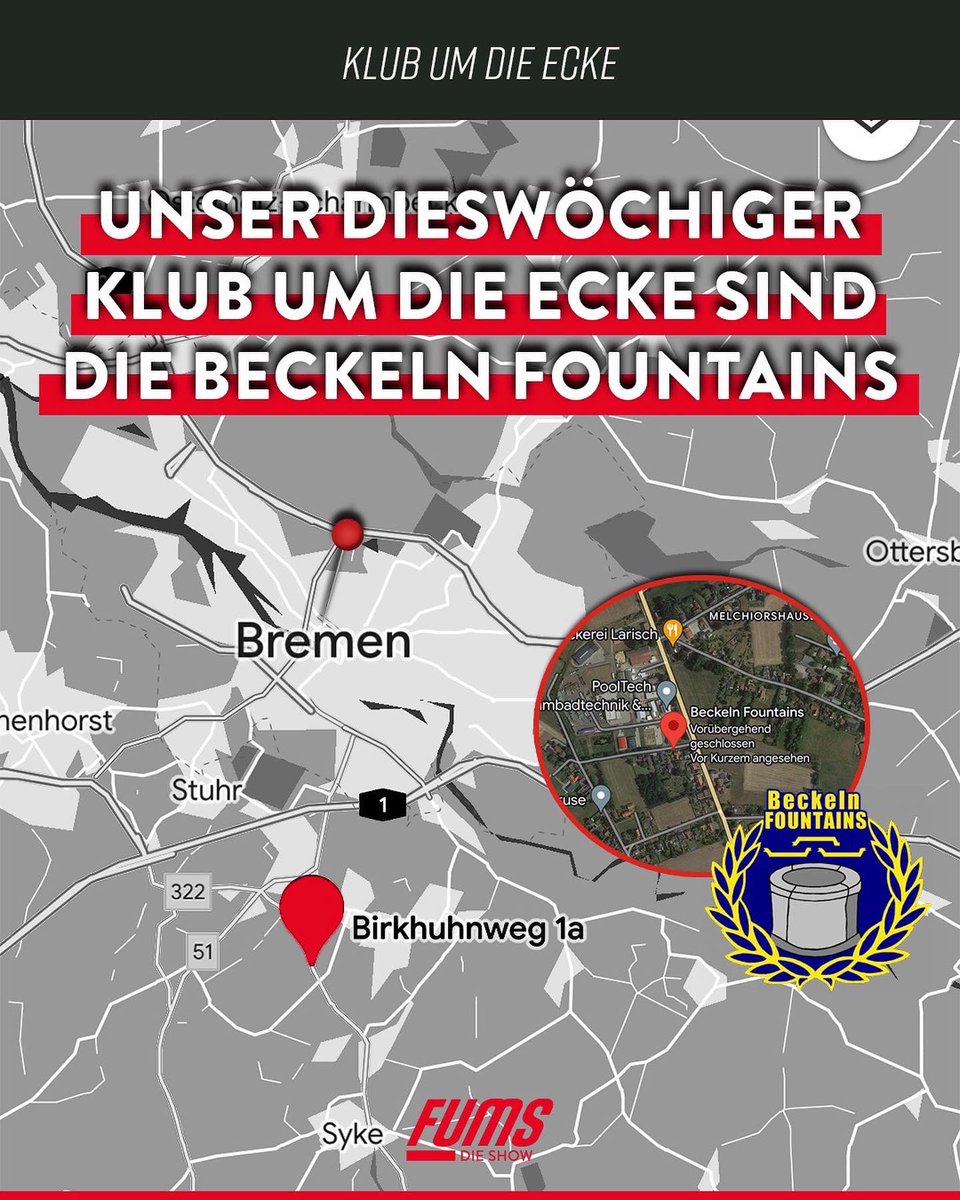 FUMS_DIESHOW's tweet photo. Unser #KLUBUMDIEECKE Beckeln Fountains ist ein Vereins er besonderen Art. Schaut da unbedingt mal vorbei! ⚽️#FUMSDIESHOW
__
ℹ️ Tickets für die Show in #Bremen findet ihr hier: https://t.co/qZ5sfBSJYx 🎫 https://t.co/ApAyIdrjow