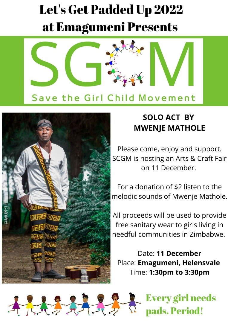 save_movement's tweet photo. Come and join us on 11 December at Emagumeni in our Let's Get Padded Up 22 Fair. For a donation of $2 listen to the melodic  sounds of Mwenje Mathole - Because every girl needs pads.Period! See you there ! @mwenjemathole 

#savethegirlchildmovement 
#letsgetpaddedup22 https://t.co/6PSrOd89ye