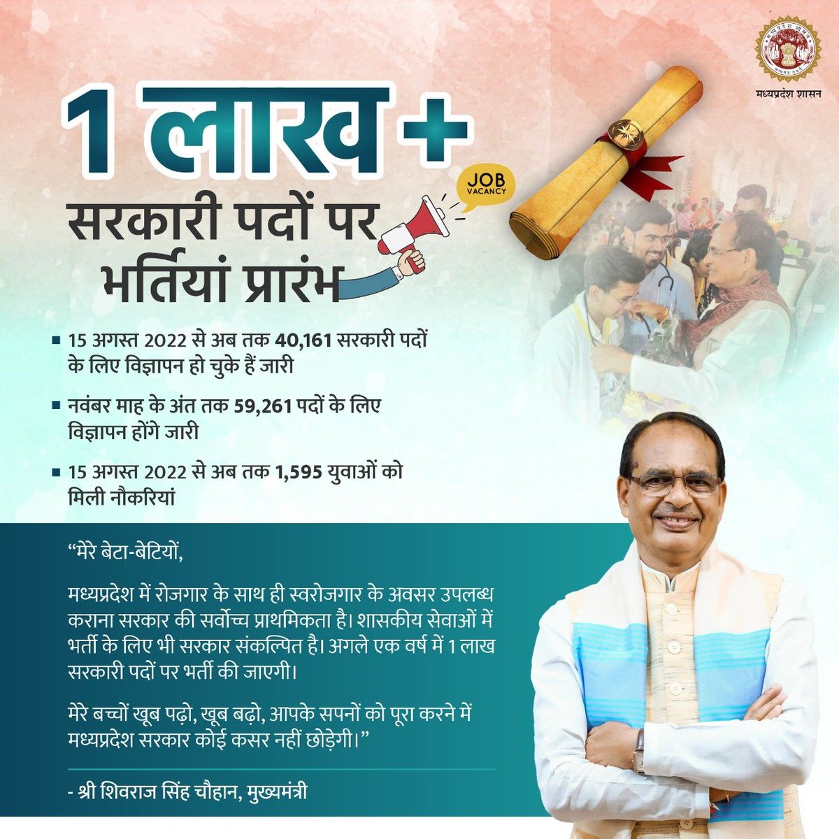 #मध्यप्रदेश में एक लाख से ज्यादा सरकारी पदों पर भर्तियां प्रारंभ

#EmploymentInMP