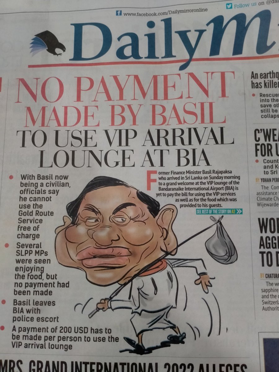 Jamz5251's tweet photo. Basil Rajapaksa has NOT paid! 

BR arrived on Sunday, used the VIP gold lounge of the BIA, gathered over 100 guests who greeted him, had food which all ate and left with a police escort. But then who paid for all this? 

NO ONE! When will this misuse end? 
#SriLanka #DailyMirror https://t.co/dVA07j7WRd