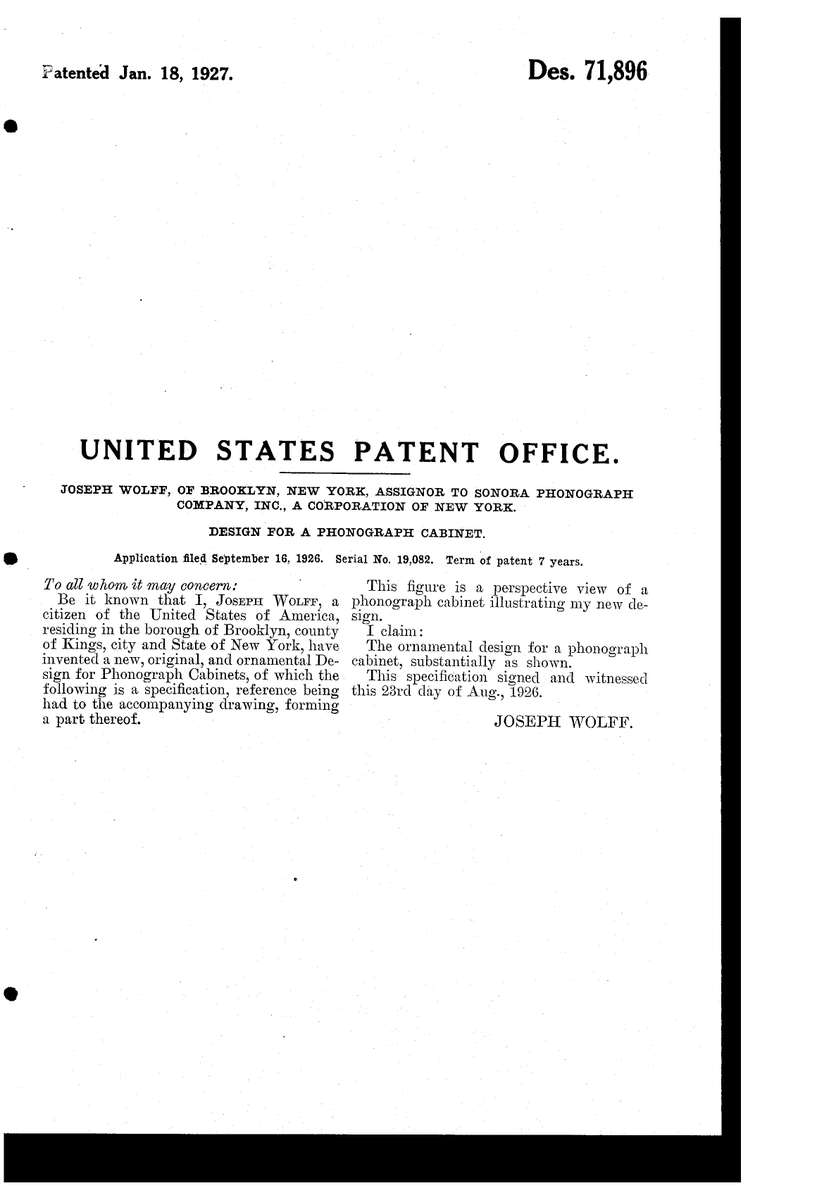 uspatentbot's tweet photo. USD71896S - Design for a phonograph cabinet  
https://t.co/bSHsBeGRWh https://t.co/xg46ZRRx5v