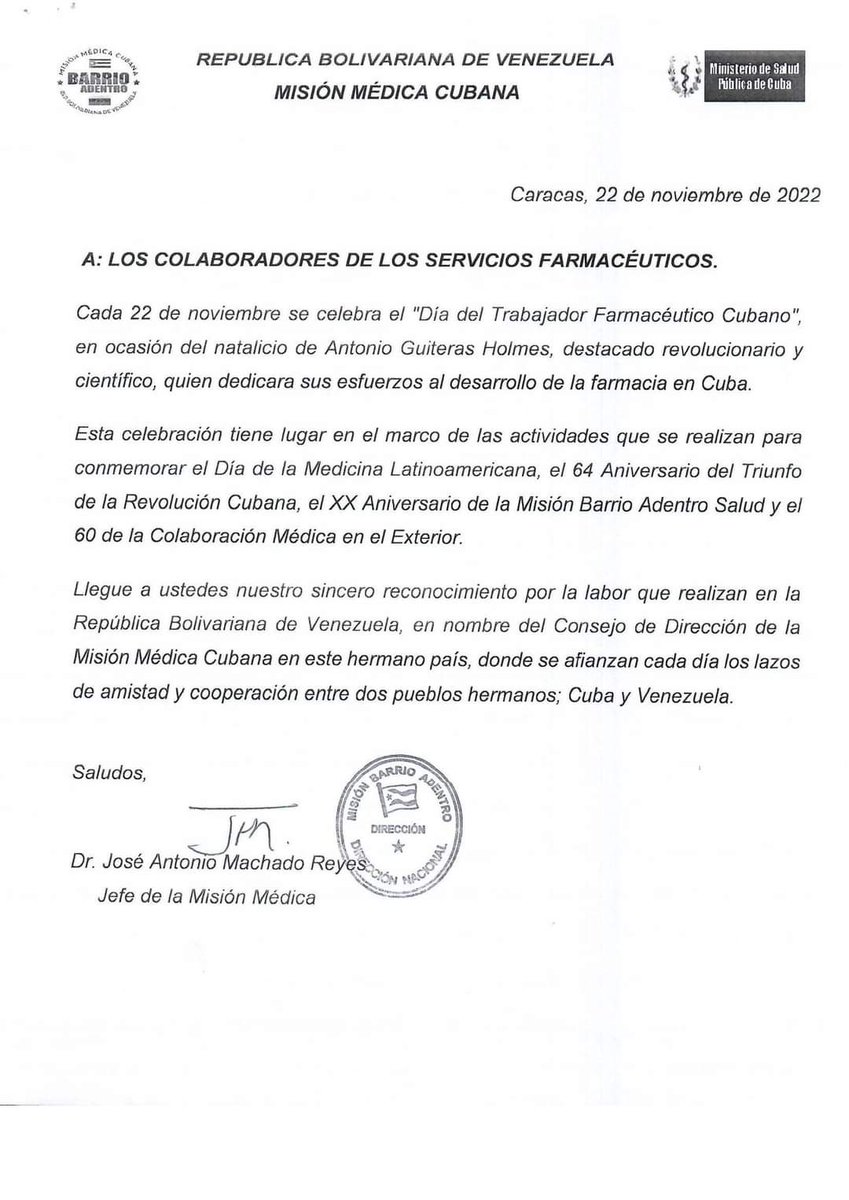 Mensaje de felicitación del Jefe de la Misión Médica Cubana en Venezuela a todos los farmacéuticos. Feliz día.

#CubaPorLaVida #Cuba #FidelPorSiempre