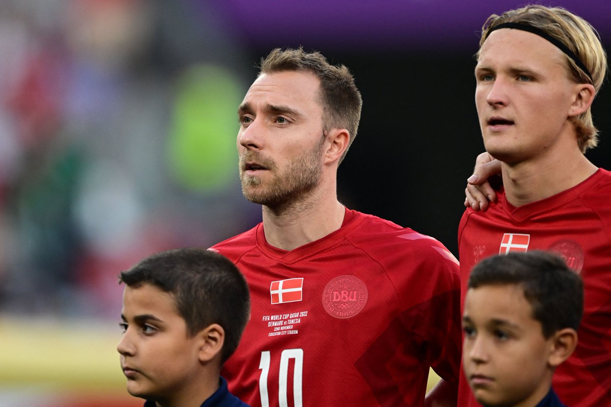 Denmark wearing their 'toned-down' World Cup kits. 🇩🇰

Their kit supplier, Hummel, wished not be 'visible during a tournament that has cost thousands of people their lives.'