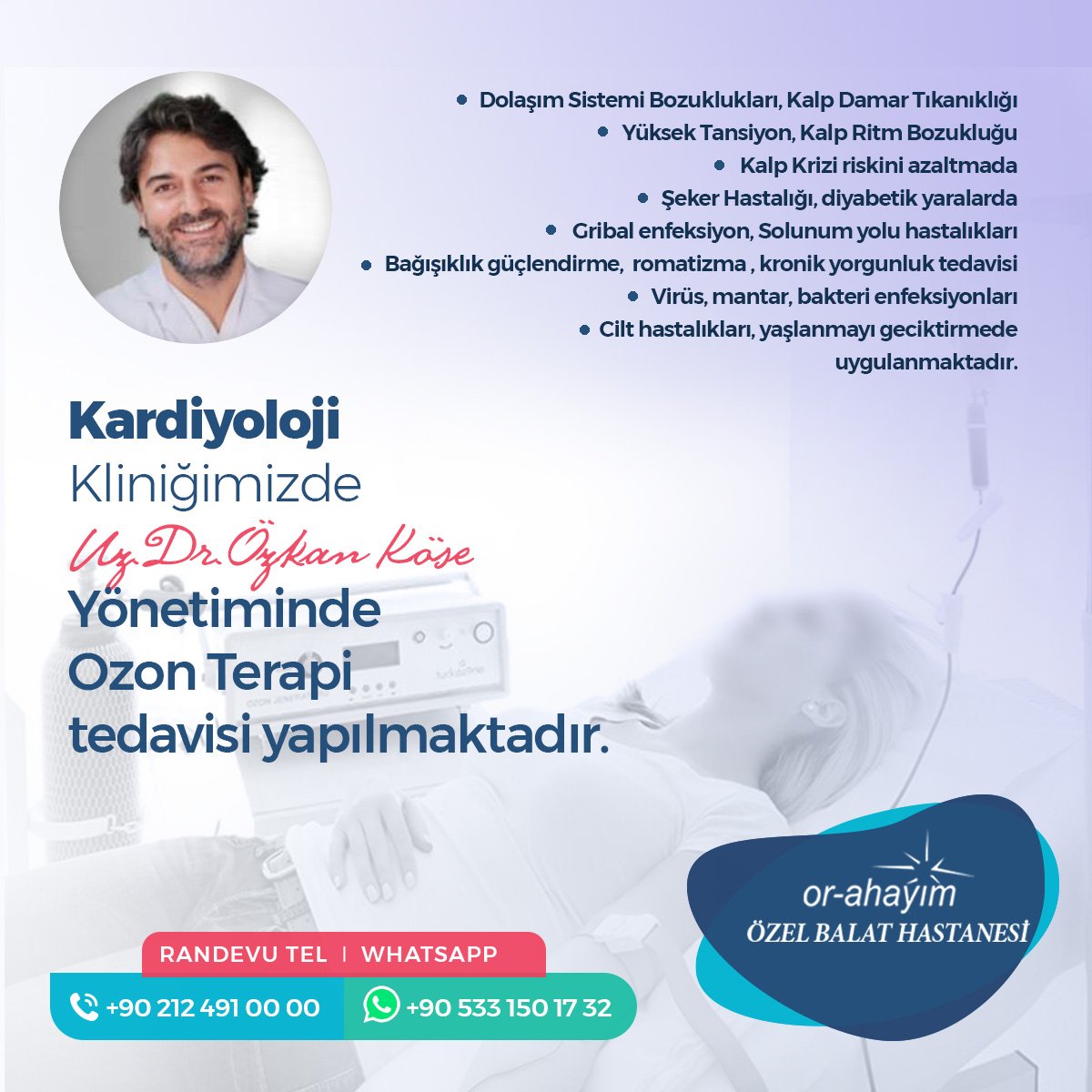 BalatOrahayim's tweet photo. Kardiyoloji Kliniğimizde Uz.Dr.Özkan Köse yönetiminde Ozon Terapi tedavisi yapılmaktadır.
#ozonterapi #kalphastalıkları #oksijen #ozon #damartıkanıklığı #ritimbozukluğu #uykuapnesi# yüksektansiyon https://t.co/z0vGs3aYph