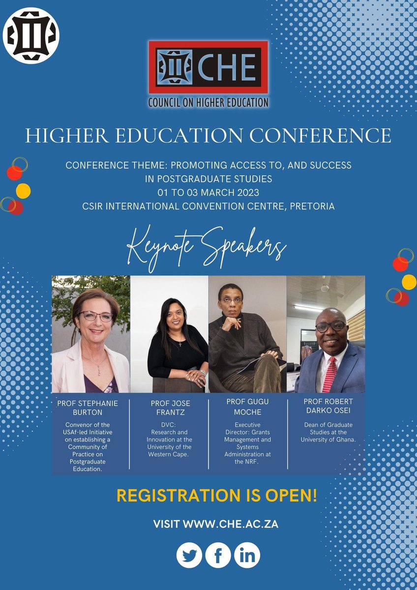 Exposcience's tweet photo. Registration is open for the CHE Higher Education Conference which will take place from 01-03 March 2023 in Pretoria. Conference theme: Promoting access to, and success in postgraduate studies. Follow the link for more details and registration: https://t.co/tO4HdLCtpN https://t.co/0kEiaCrsZq