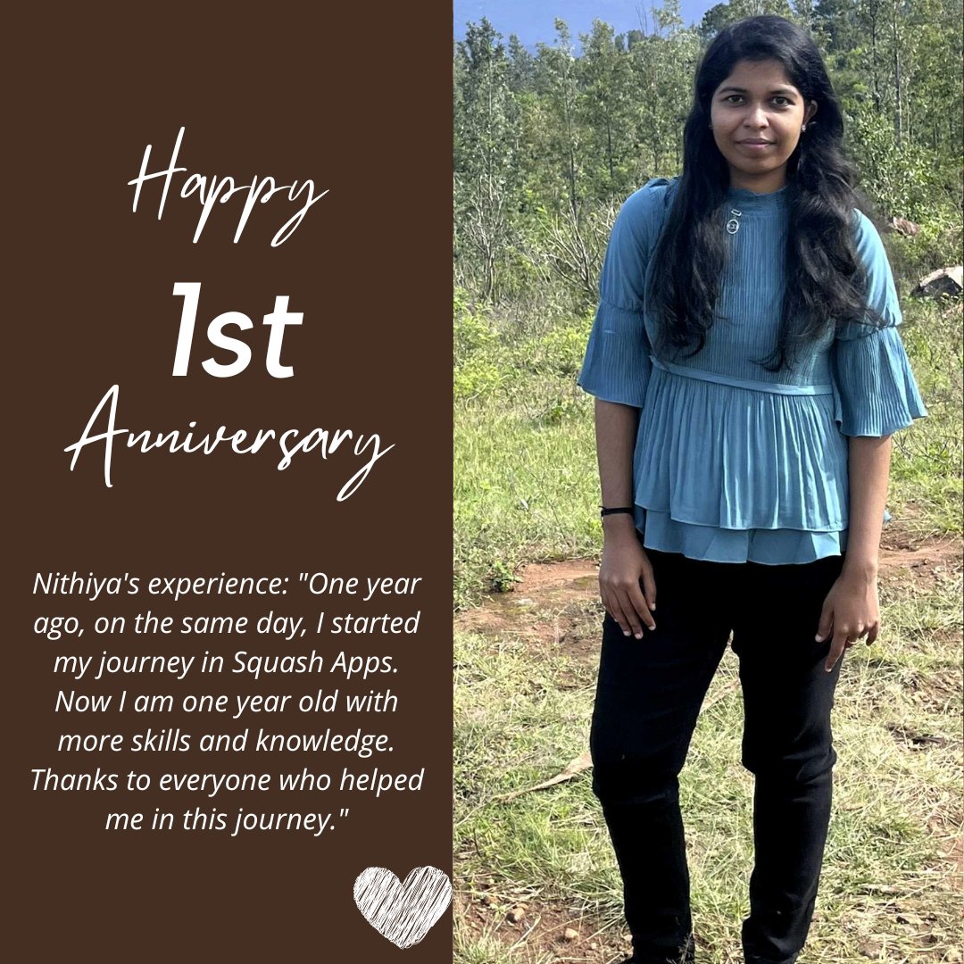 squashapps's tweet image. Happy work anniversary, Nithiya! 

We are proud to have you at @squashapps. You have been a valuable part of our team, and we appreciate your hard work and dedication. We look forward to many more years of working together.
#workanniversary #squashapps #qualityassuranceengineer