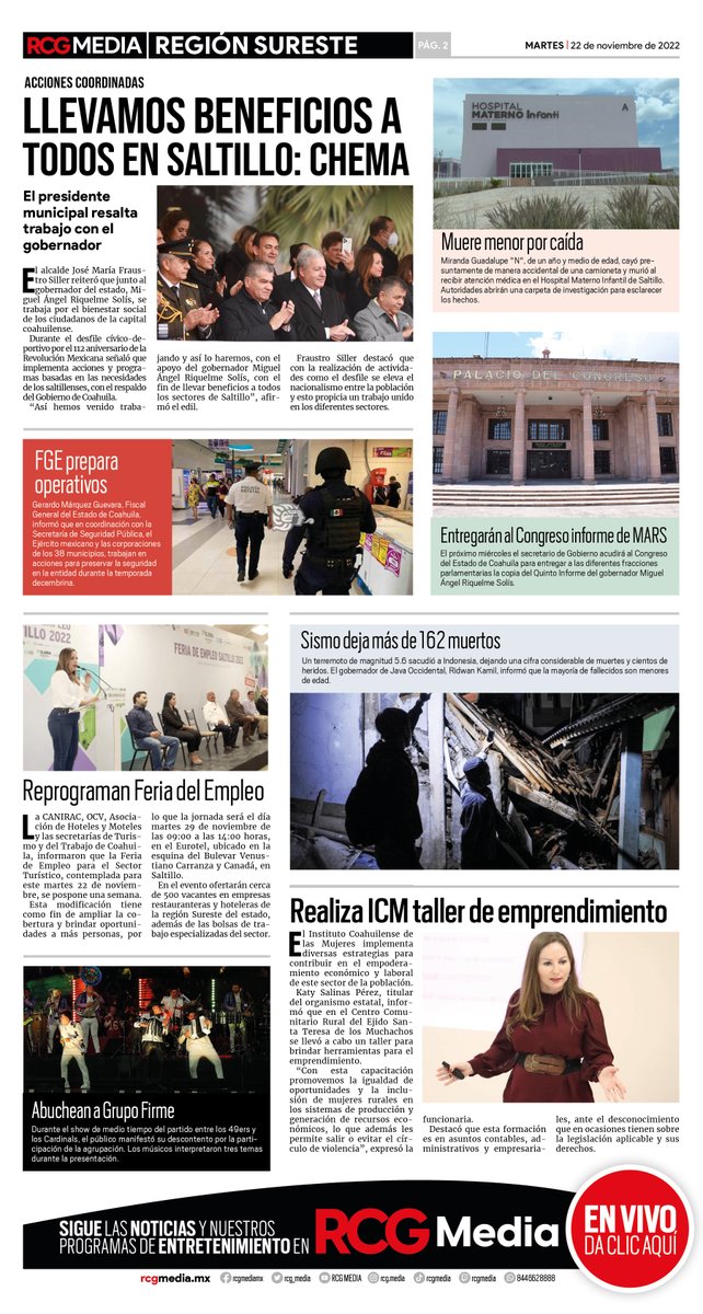 rcg_media's tweet photo. #BuenosDías 🌫Hoy en portada: 📰 @mrikelme  preside conmemoración de la Revolución Mexicana 🇲🇽; volverán peatonal el Centro Histórico🚶‍♂ ; andamos con todo: @manolojim 💪 y más noticias...👉 https://t.co/UV6wDuIhJD https://t.co/bPAbLXRzUs