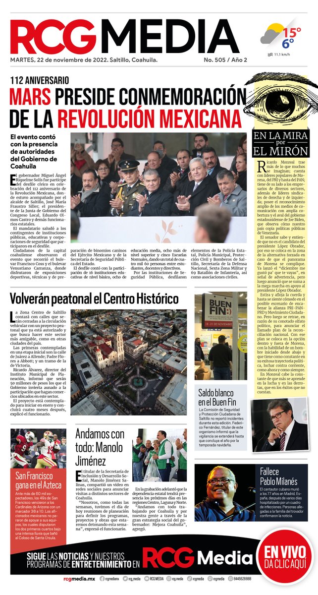rcg_media's tweet photo. #BuenosDías 🌫Hoy en portada: 📰 @mrikelme  preside conmemoración de la Revolución Mexicana 🇲🇽; volverán peatonal el Centro Histórico🚶‍♂ ; andamos con todo: @manolojim 💪 y más noticias...👉 https://t.co/UV6wDuIhJD https://t.co/bPAbLXRzUs