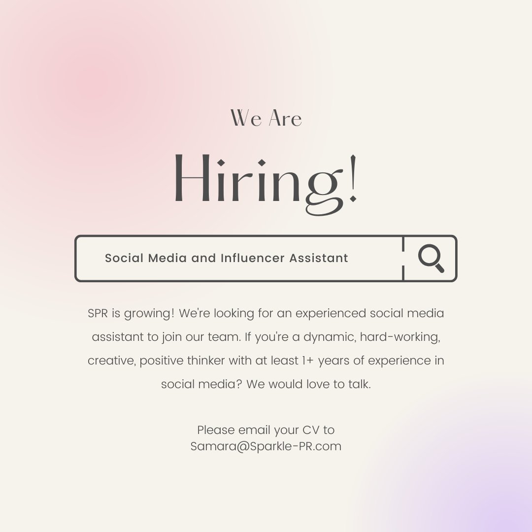 SPR is growing and so is our team! We're looking for someone with at least 1+ years of experience to join us, working across beauty, retailers, wellness and more.

Please send CVs to Samara@sparkle-pr.com and share this post with anyone you think may want to apply! ✨