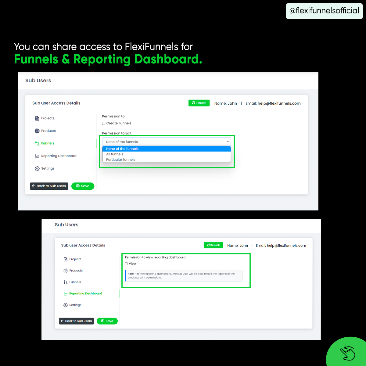 Massive Updates in FlexiFunnels!!
.
We have rolled out Massive Updates in FlexiFunnels that you are absolutely gonna love. 😍
.
Sub-user access in FlexiFunnels is Live.
.
This is a really powerful update that is gonna help ALL the users.