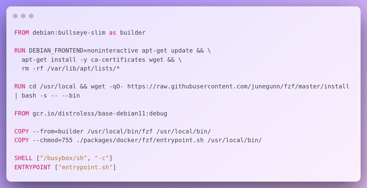 LarsGersmann's tweet image. Whooo, pretty neat : #Distroless #Docker images get very tiny !

An image containing #sh and #fzf is round about ~24MB🙌

github.com/lgersman/pnpm-…

#docker #image #fzf