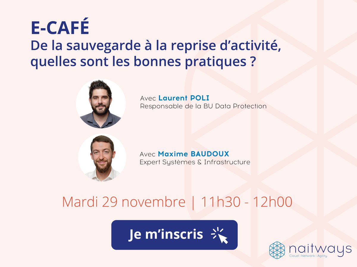 Savez-vous comment sauvegarder vos données efficacement ?
Laurent et Maxime vous livrent les bonnes pratiques nécessaires pour protéger les données de votre entreprise.
👉 inscrivez vous ici pour participer à notre E-café le 29 novembre à 11h30 : lnkd.in/d6PpXrPh
#PRA