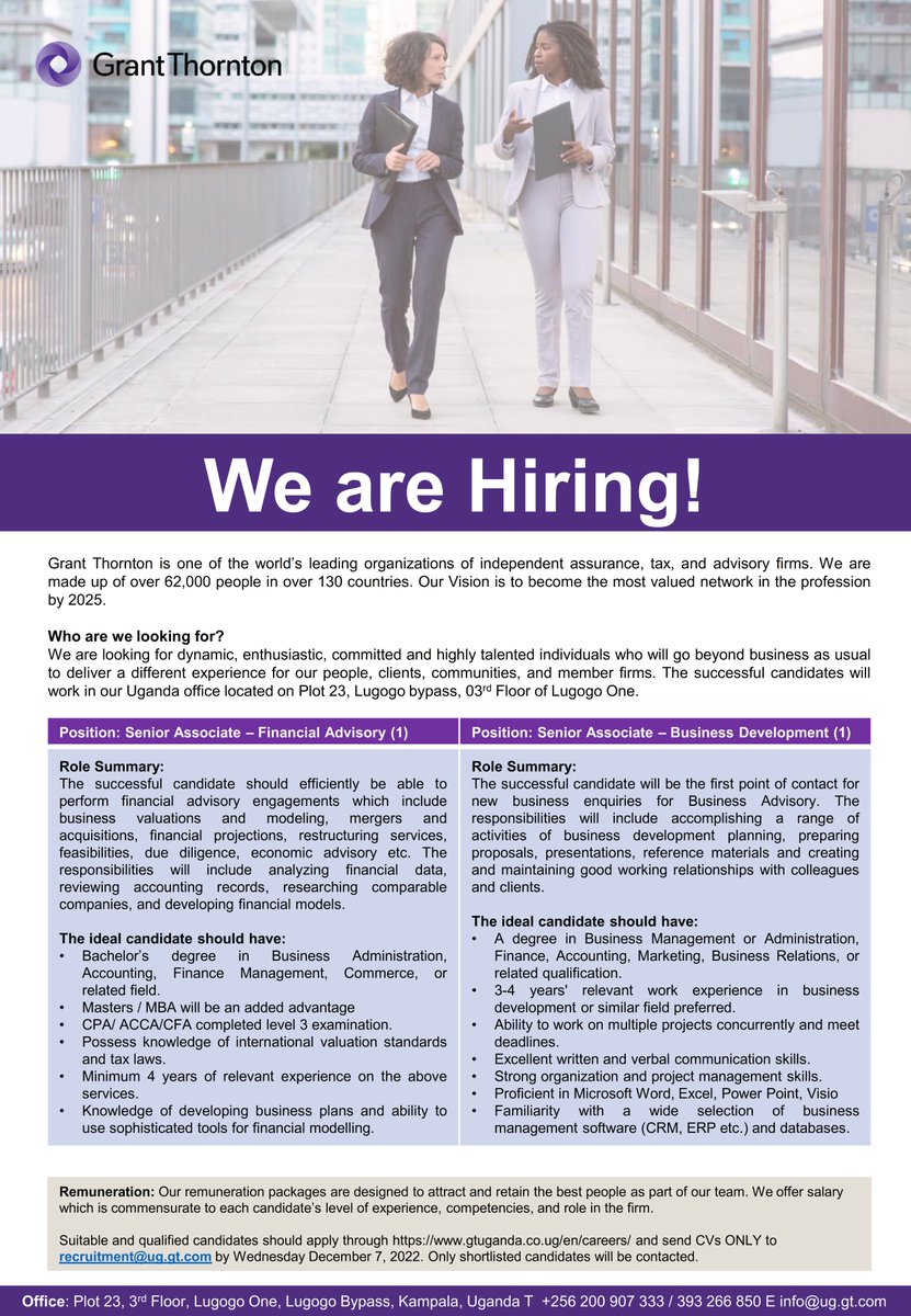 GtUganda's tweet photo. We are hiring!
Find more details in the JD attached to apply.
#hiringalert #employment #opportunities #audit #growth #career #gtuganda #associatejobs #advisory https://t.co/Av0TYBEWsY