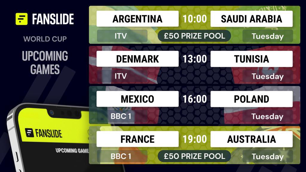 fanslide's tweet photo. 4 games today and as well as £50 prize pots on 2 of them, ALL games count towards our new competitions:

🏆 £200 top 3 scores in 1st group games

🏆 £200 top 5 scores in group stage

🏆 £250 top score in WC

🏆 £250 most PFGs in WC

🏆 £500 top 10 scores in WC

#FIFAWorldCup https://t.co/R7n7iOXlXk