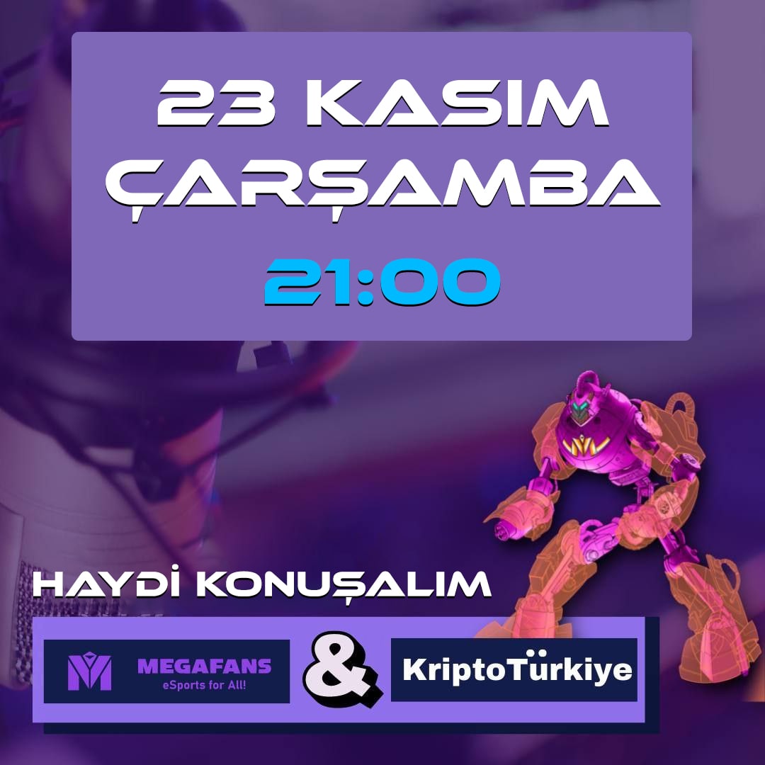 MegafansTurkiye's tweet photo. 🎊Tüm MegaFans oyuncularına Merhaba!

🥳Discord'umuzda 23 Kasım Çarşamba günü (yarın) saat 21:00'de @KriptoTurkiye81'de ortaklarımızla canlı bir etkinliğimiz olacak! Oyun, kripto ve çok daha fazlası hakkında ekip üyelerinden birkaçıyla oturup konuşacağız.

#NFT #Web2 #Web3 https://t.co/p7Ms32BJs0