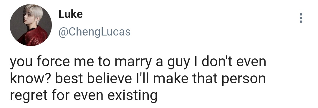 lihamhnk's tweet photo. A #hoonki au wherein...

Lucas Cheng (psh) comes from a very traditional Chinese family. He was bound to marry Schuyler Sy (nk), and Lucas hated it because, one, he had never even once met nor seen the face of his supposed fiancé, and 2, he is already in a committed relationship. https://t.co/DknYNelBB9
