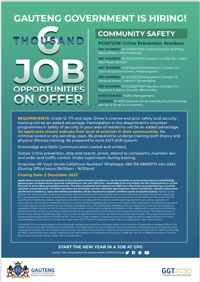 We promised to hire 6000 young and fit personnel to assist us in fighting crime, corruption, lawlessness and vandalism in our communities. If you know someone who’s brave and fearless ask them to apply. <a href="/GP_CommSafety/">GP Department of Community Safety</a>