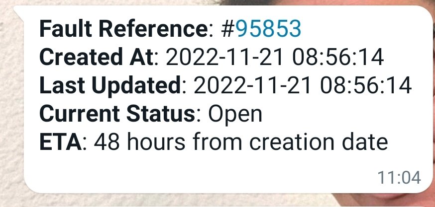 Hey <a href="/webafrica/">Webafrica</a> <a href="/WebAfricaHelper/">WebAfricaHelper</a>. I've been without Internet for 72 hours.
It took me 90mins to log problem  via WhatsApp yesterday and ever since... Nothing. No progress.
Could somebody please take the person (not) working on this a strong coffee with a spoonful of urgency?