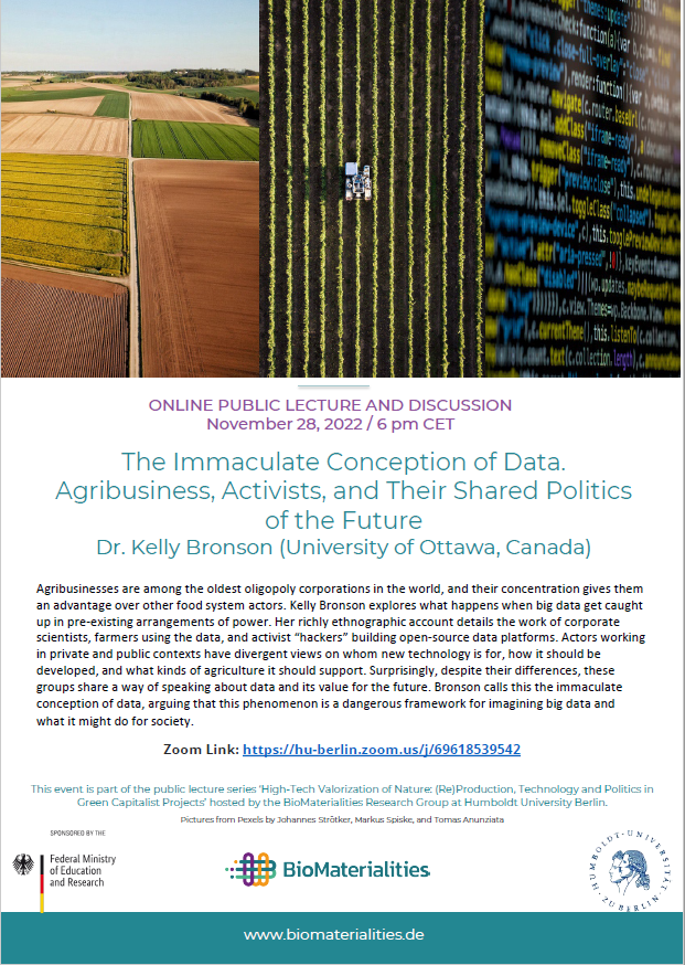 AFP_HU's tweet photo. What happens when #bigdata get caught up in pre-existing arrangements of power in #agribusinesses?
Check out this exciting online lecture and discussion with @KellyBronson12 (University of Ottawa), organized by #BioMaterialities group @HumboldtUni
https://t.co/sTSZElqeRX https://t.co/uhMt3cPMWK
