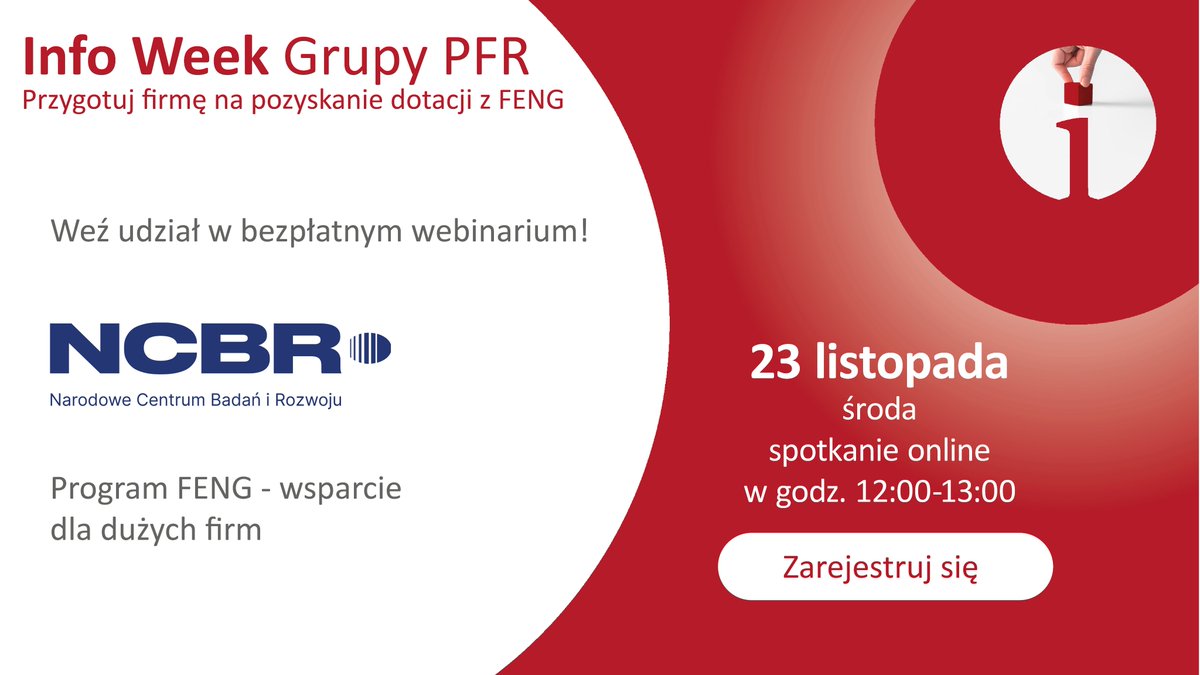 PFR_pl's tweet photo. ⏰ W środę 23 listopada o 12:00 zapraszamy na spotkanie online, w ramach #PFRinfoWeek, z ekspertami @NCBR_pl.
Temat: Program #FENG - wsparcie dla dużych firm
Zarejestruj się na spotkanie!
👉 https://t.co/eTRKdihisO https://t.co/9kZcRb8wEq