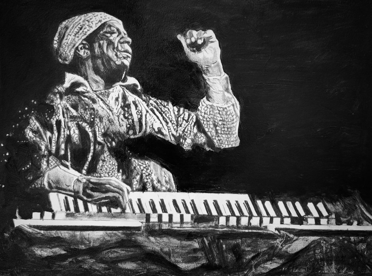 Portrait of Sun Ra. Pencil, graphite powder, on watercolor paper. 18 x 24. On display through December 5 at Sun Arts Gallery, 203 Moore Street, Brooklyn
