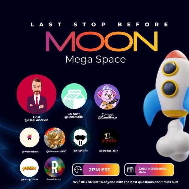 Join us! Last Stop Before Moon Spaces!

🎁 Prize: #WL / #OG / #USDT

⏰ Date &amp; Time: 22 November, 2022, 14:00 EST

🔗 Link: x.com/i/spaces/1ypKd…