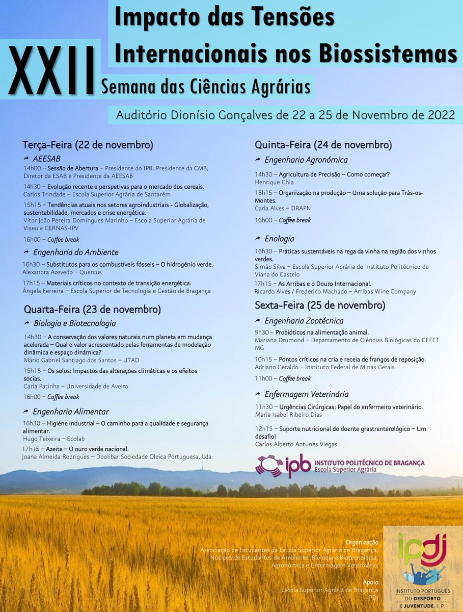 XXI Semana das Ciências Agrárias

A XXII Semana das Ciências Agrárias decorrerá nos próximos dias 22 a 25 de novembro com o tema “Impacto das Tensões Internacionais nos Biossistemas”.

#esaipb
