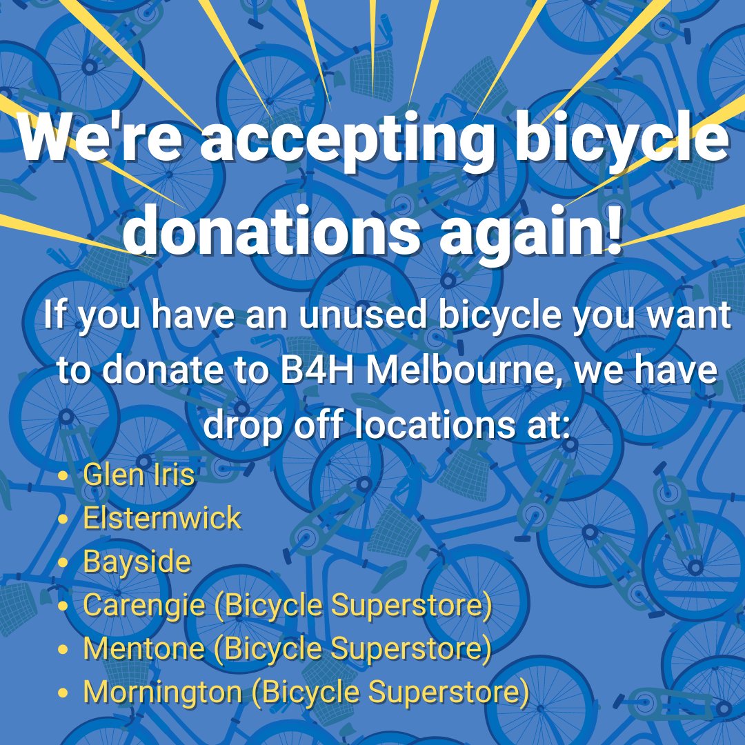 b4hmelbourne's tweet photo. We are accepting bicycle donations again! If you want to upcycle a disused bicycle, please get in touch with one of our friendly volunteers here: https://t.co/Y6a359deQ1 https://t.co/03vQF83Eyk