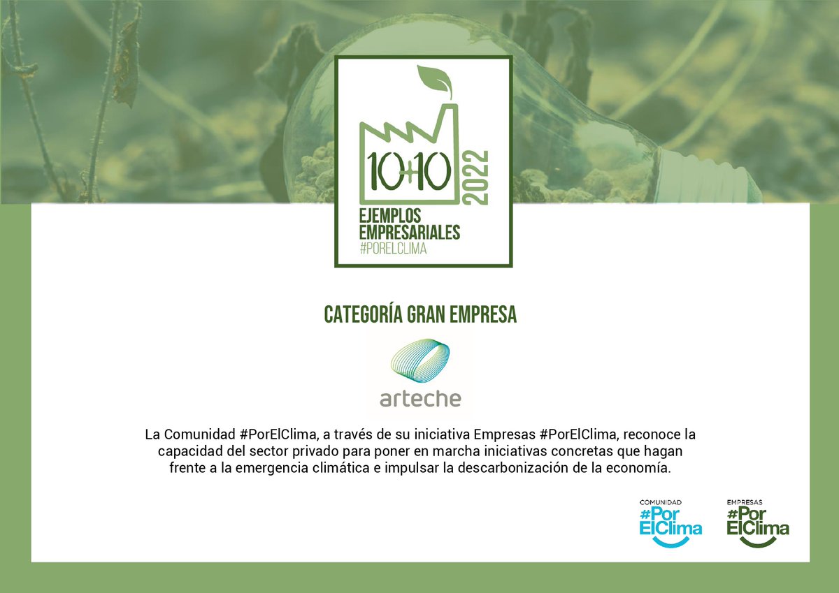 ArtecheGroup's tweet image. 🌿🌱🌳 Our initiative against climate change presented to the 10+10 #BusinessExamplesForClimate (@compromisoclima) has been chosen among the most outstanding. Last week it was presented, along with the rest, at #COP27.