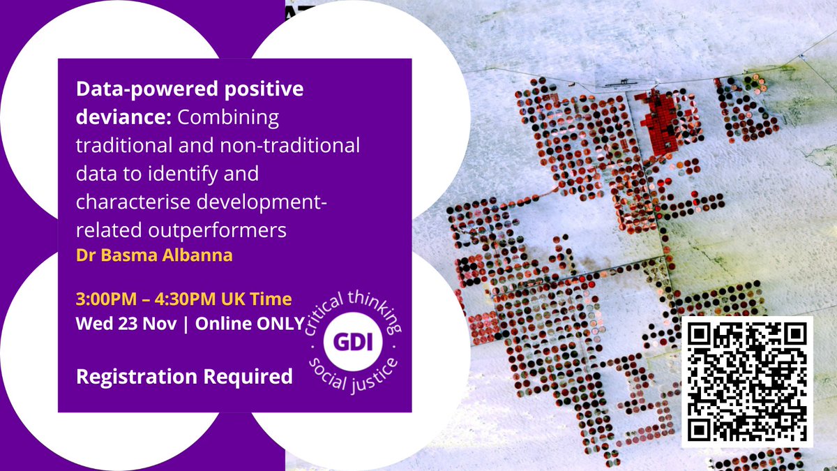GlobalDevInst's tweet photo. 🚨 REMINDER
@BasmaAlbanna will be delivering the next #GDILecture (ONLINE ONLY) tomorrow at 3pm GMT.
She'll explain data-powered-positive-deviance, which seeks to identify outperformers and understand the strategies behind their successes.
Register 👉 https://t.co/FxqjaTsNCF https://t.co/xAvemSI9jH