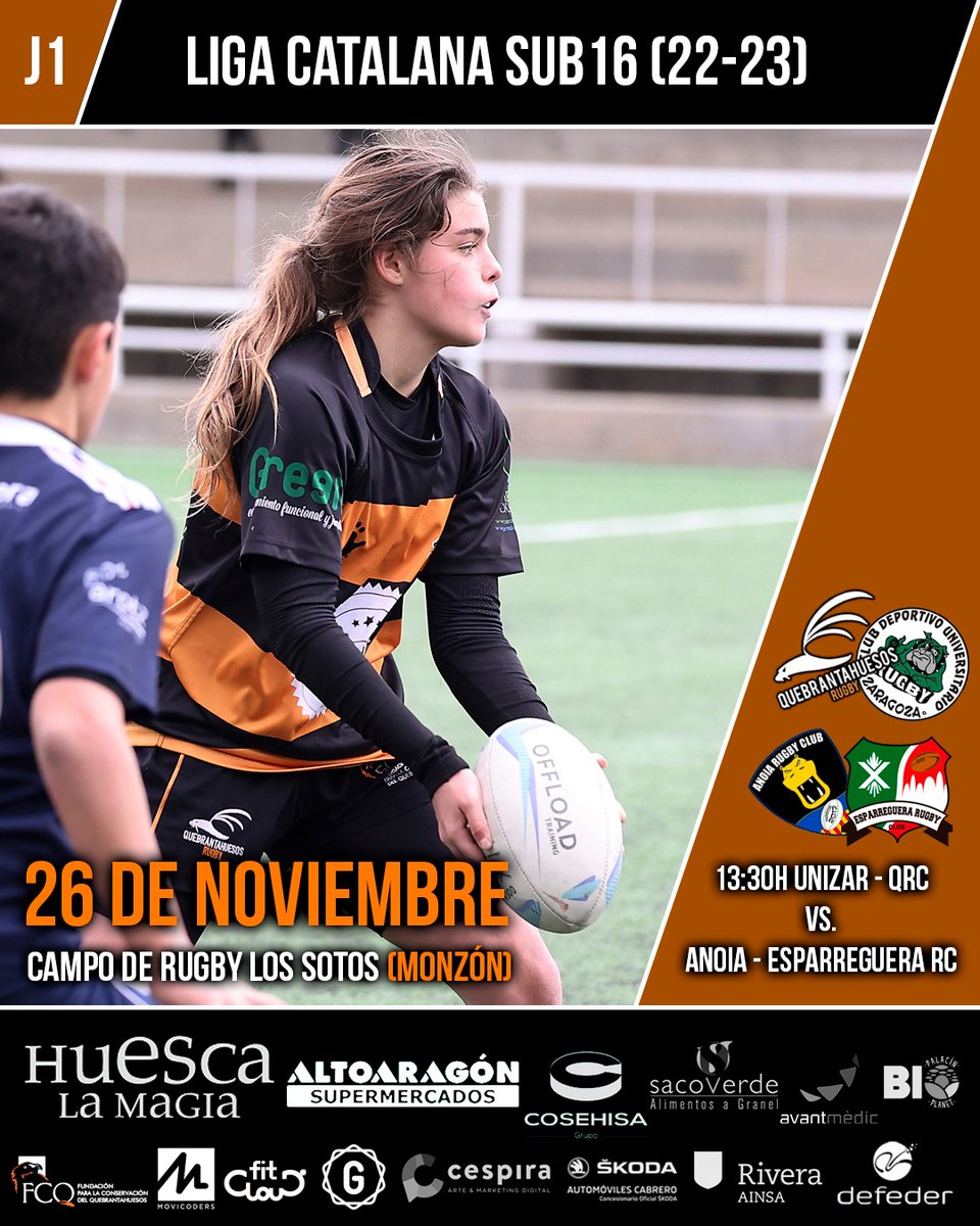 quebrantarugby's tweet photo. Arranca la liga catalana para la unión Quebrantahuesos y Universitario de Zaragoza en categoría sub16.
Gran proyecto que seguro dará muchos frutos para el rugby aragonés. 
Venid a apoyarlo! https://t.co/lrigdALvpz
