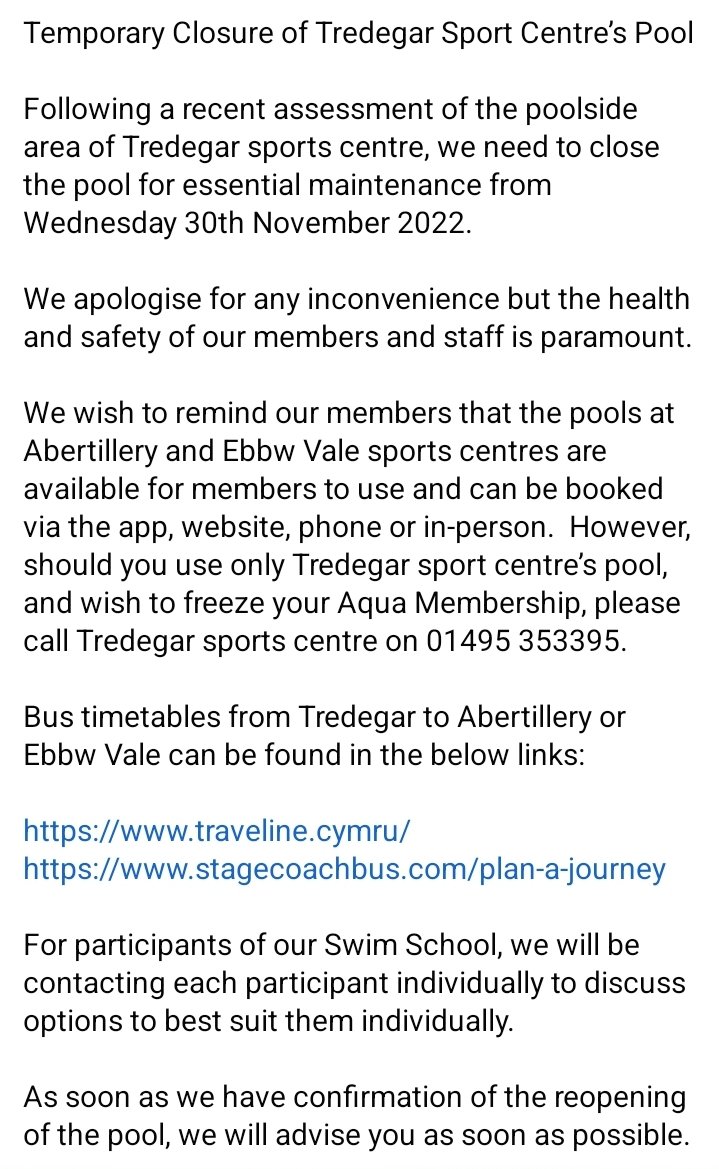 Temporary Closure of Tredegar Sport Centre’s Pool

Following a recent assessment of the poolside area of Tredegar sports centre, we need to close the pool for essential maintenance from Wednesday 30 Nov 2022.

Full info below ⬇️