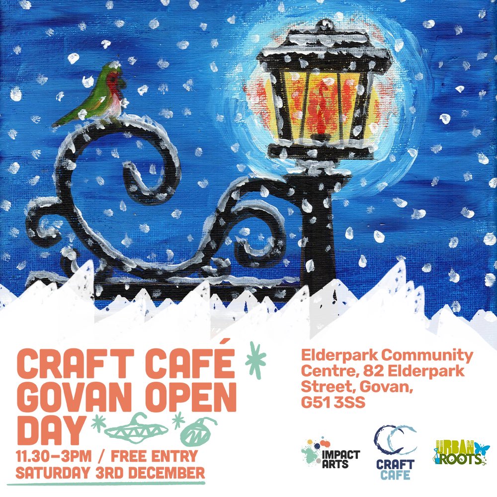 Join our Govan Crafters for a festive market 🎄

Get your hands on:
🎁 well-being boxes
🕯️ hand-made homewares 
🌠 Christmas cards
🎨 affordable artwork

📍 elderpark community centre
11.30-3pm, soup served at 12 🥣
✨ free entry