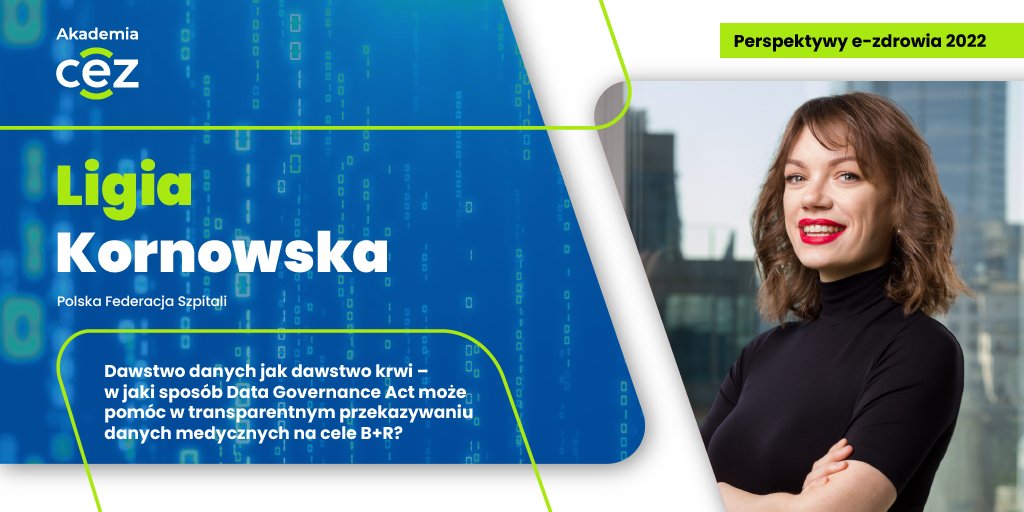 Już za tydzień konferencja "Perspektywy e-zdrowia"! <a href="/LigiaKornowska/">Ligia Kornowska</a>, liderka AI w Zdrowiu, dyrektor zarządzająca PFSz, wygłosi prelekcję o tym, w jaki sposób Data Governance Act może pomóc w transparentnym przekazywaniu danych medycznych na cele B+R? bit.ly/3i5ZhPL
