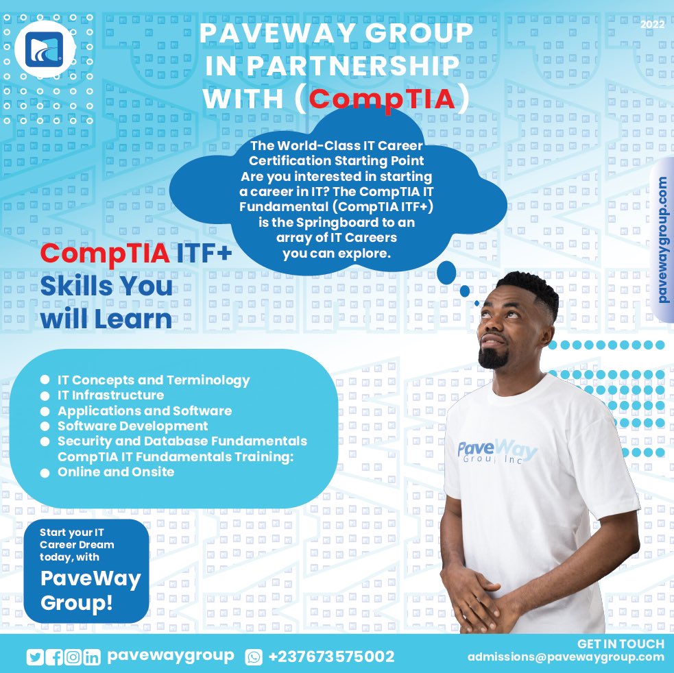 PavewayGroup's tweet photo. Even at this #fifa World Cup season, we are still committed to unlocking you to World-Class IT Career Certifications💯.

Are you interested in starting a career in IT🤔? The CompTIA IT Fundamental (CompTIA ITF+) is the Springboard to an array of IT Careers you can explore. https://t.co/D87FypUjt9