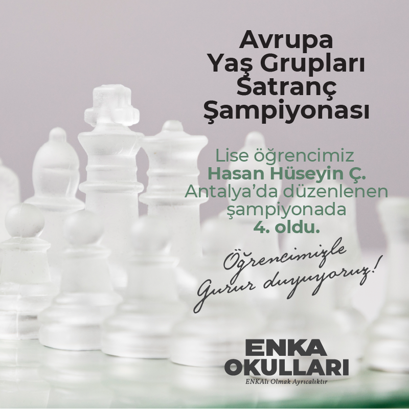 EnkaOkullari's tweet photo. Lise öğrencimiz Hasan Hüseyin Ç. Antalya’da düzenlenen Avrupa Yaş grupları Satranç Şampiyonasında Avrupa dördüncüsü oldu. Öğrencimizi kutluyoruz. #enkaokulları #enkalıolmakayrıcalıktır #satranç #öğrencibaşarıları #eycc #chess https://t.co/U38phqqLS0