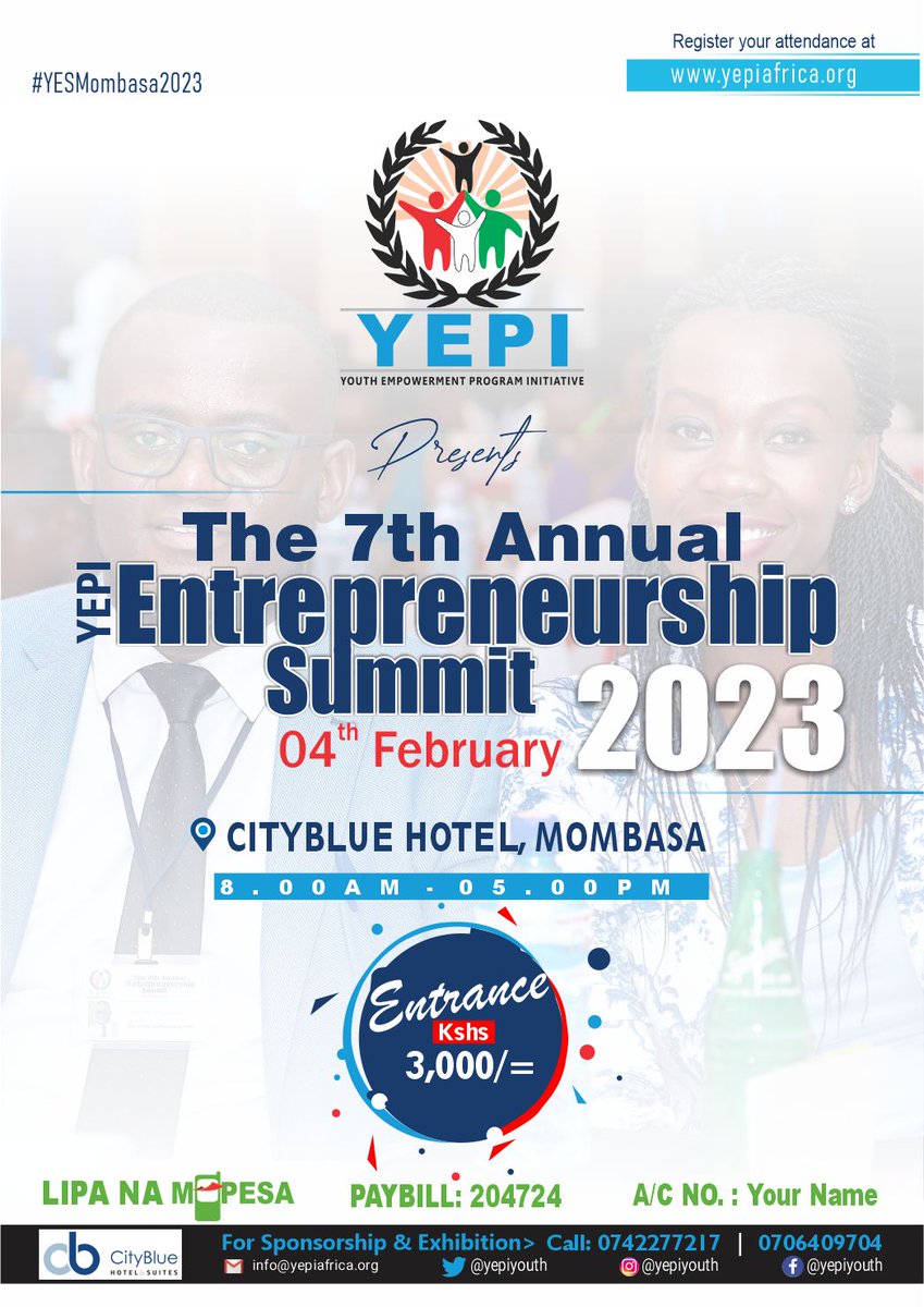Women & Girls Accelerator Program - WGAP Kenya (@wgapkenya) on Twitter photo .<a href="/YepiYouth/">YEPI Community</a> is proud to announce that the Seventh Annual YEPI Entrepreneurship Summit will be held on 4th February 2023 at City Blue Hotel, Mombasa, Kenya. Theme âSustainable Entrepreneurship â Driver for Growthâ. Letâs meet at #YESMombasa2023. Learn more bit.ly/3TpGmfq .<a href="/YepiYouth/">YEPI Community</a> is proud to announce that the Seventh Annual YEPI Entrepreneurship Summit will be held on 4th February 2023 at City Blue Hotel, Mombasa, Kenya. Theme âSustainable Entrepreneurship â Driver for Growthâ. Letâs meet at #YESMombasa2023. Learn more bit.ly/3TpGmfq