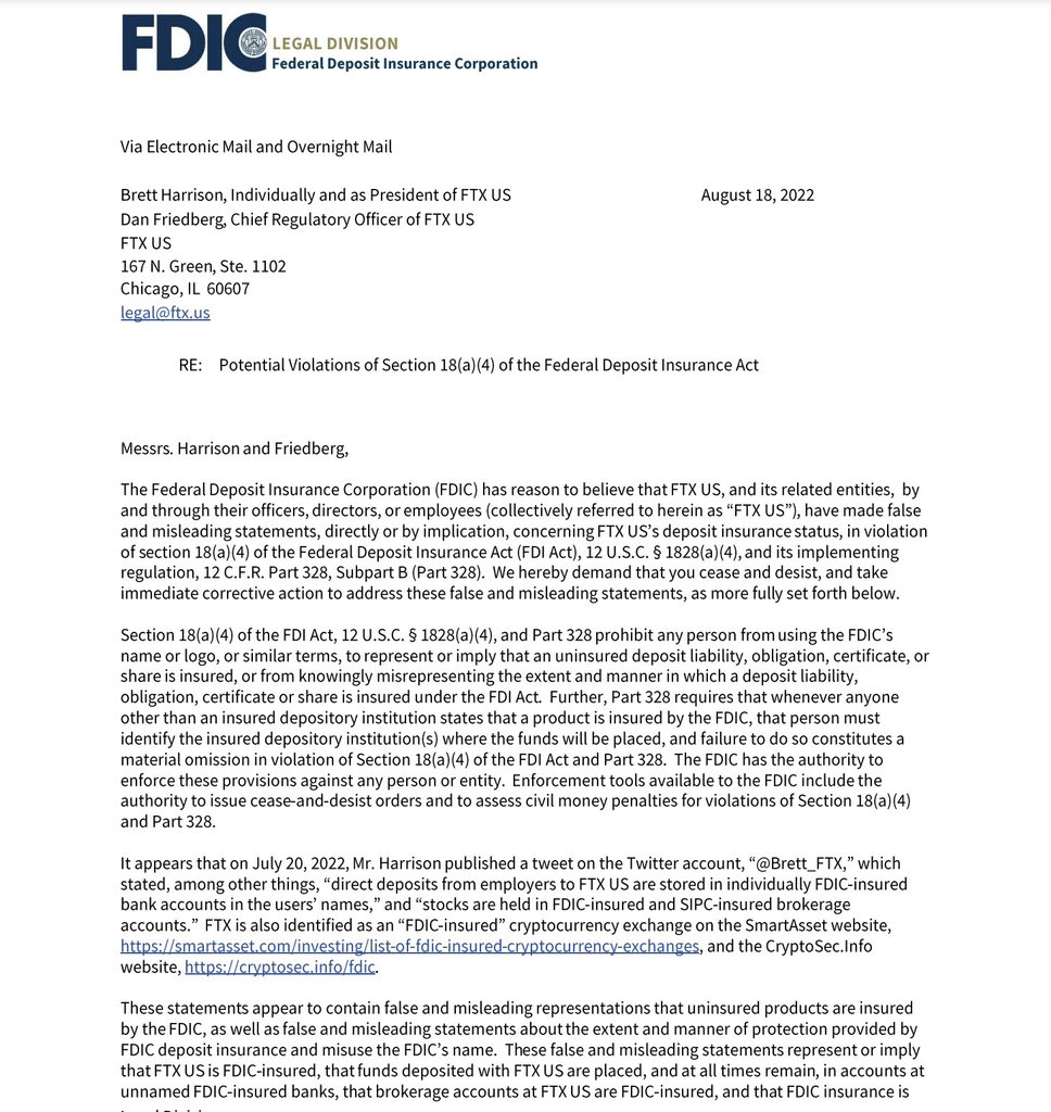 avichaI__'s tweet photo. In retrospect, there were signs everywhere.
On Aug 18, 2022 the FDIC stated that
https://t.co/P8mmC65JWC was lying about having FDIC insured accounts.
Were other regulators paying attention? https://t.co/1SkDs7v31m