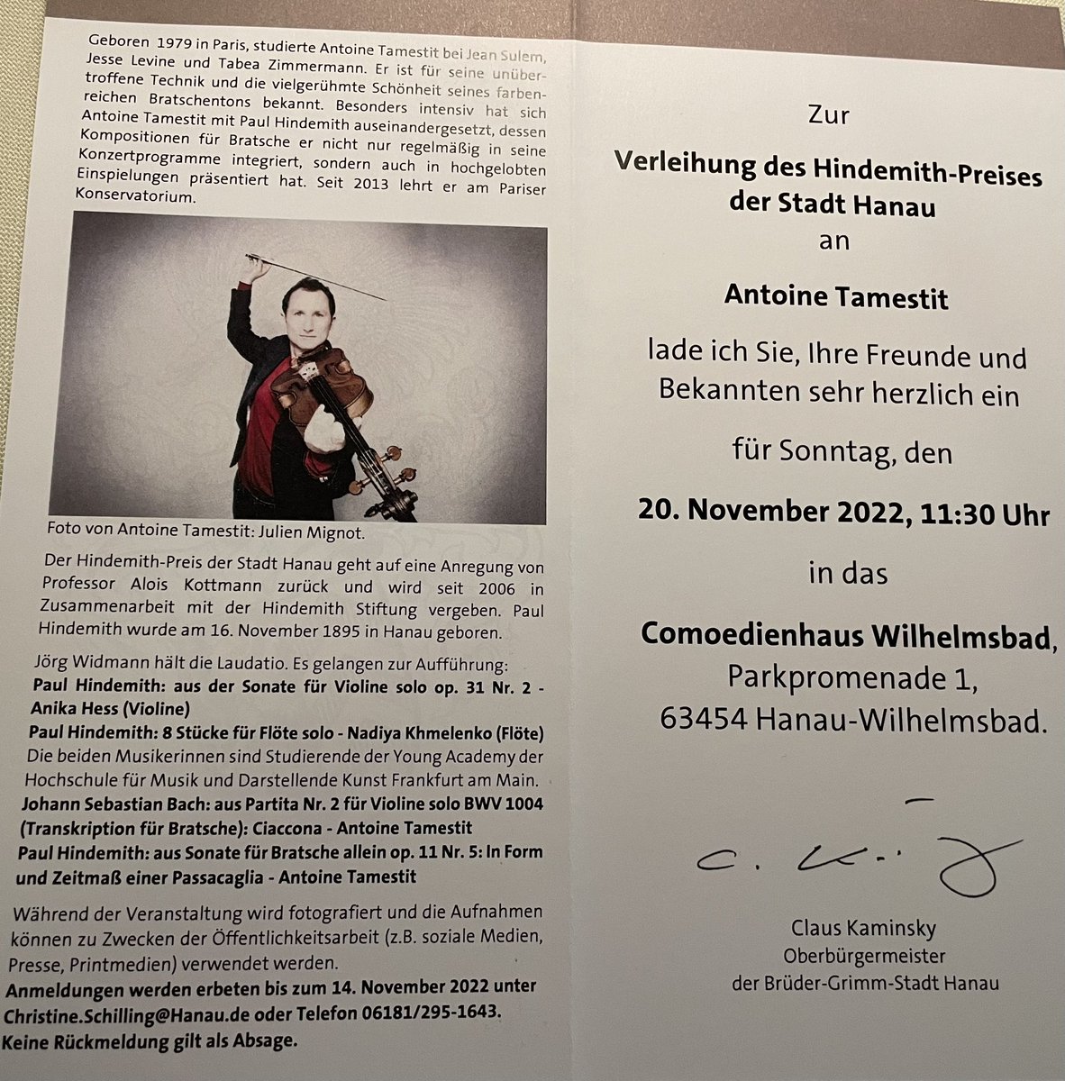 HoeppnerKV's tweet photo. #Hindemith Preis der Stadt #Hanau an Antoine #Tamestit mit einer furiosen Laudatio von Jörg #Widmann Herzlichen Glückwunsch! #HindemithStiftung @BundesKultur @DMusikrat #Musikrat https://t.co/K2P73SxKg9