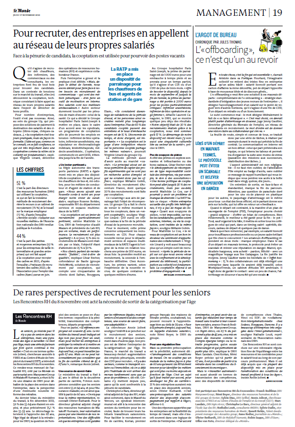 SUPdesRH's tweet photo. Nous avons eu le plaisir de participer le 08/11 à la #RencontreRH sur le thème : « Perspectives de #recrutement : quel emploi pour les seniors ? ». 
Retrouvez ci-dessous l’article de @Anne_Rodier  paru dans les pages Management du Monde du 17/11, retranscrivant cette rencontre. https://t.co/iTIyJhJhVE