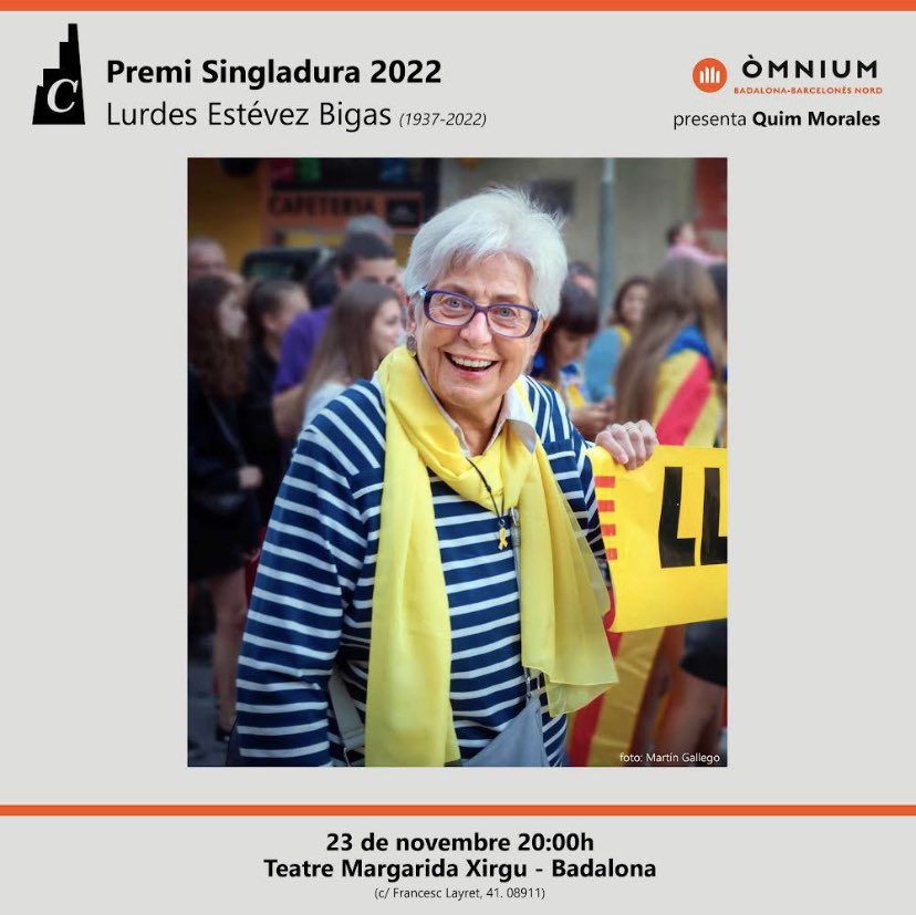 hospitabulis's tweet photo. 🔴PREMI SINGLADURA 2022:

🧡A la Lurdes Estévez Bigas (1937-2022), en reconeixement per la feina feta a favor de l’escola catalana.

📅 Dimecres, 23 de novembre 
🕕 20 h
📍 Teatre Margarida Xirgu, (F.Layret, 41, Badalona). https://t.co/ODcjWRMnXG