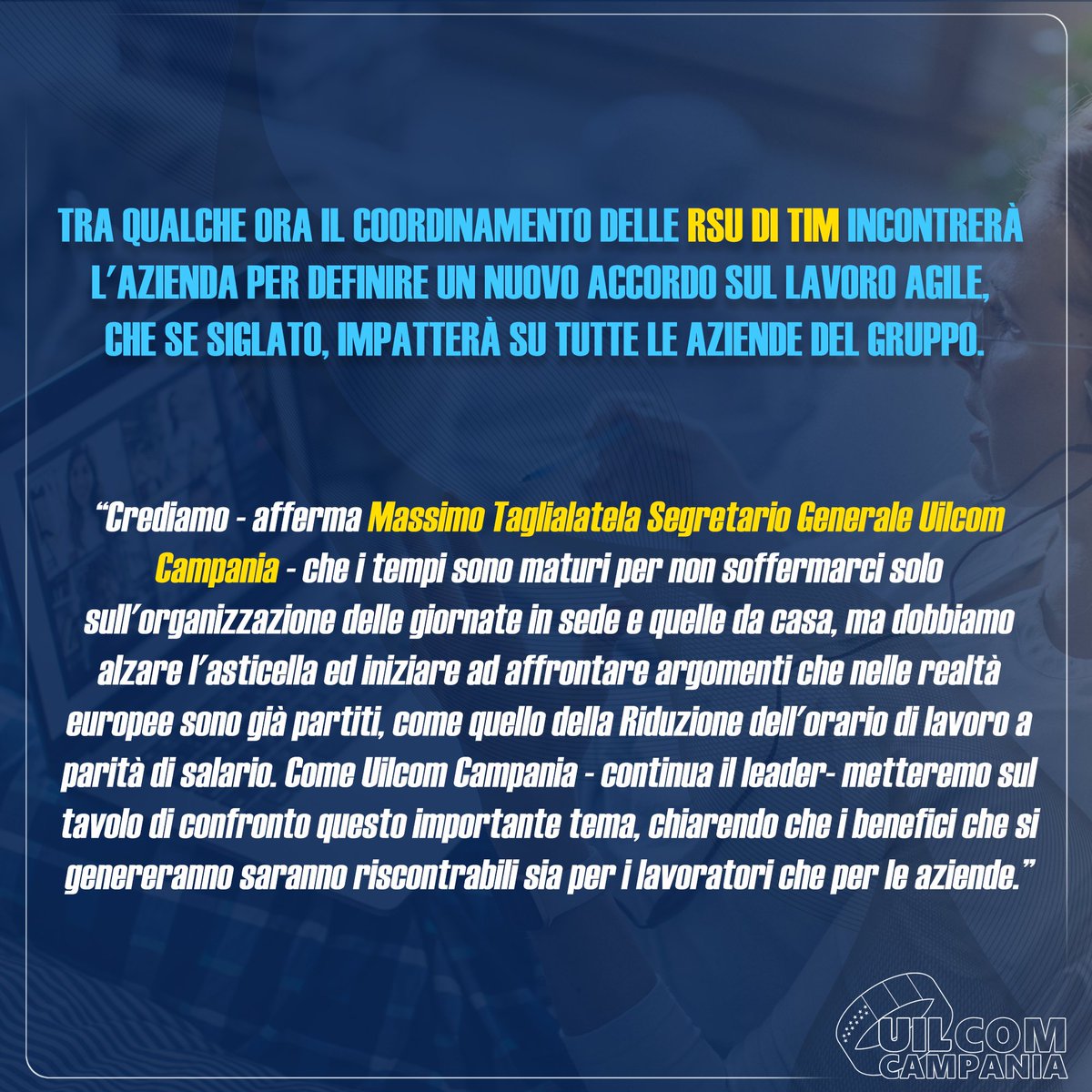 UILComCampania's tweet photo. Tra qualche ora il Coordinamento delle #Rsu di #Tim incontrerà l'azienda per definire un nuovo Accordo sul Lavoro Agile, che se siglato, impatterà su tutte le aziende del Gruppo.
@TaglialatelaMax https://t.co/FnPmQNfGoy