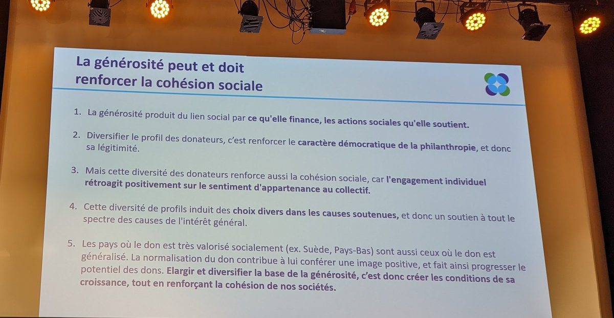 Comment la #générosité contribue à la cohésion sociale ? 
1️⃣ Lien social par ses actions 
2️⃣ Diversité des profils de donateurs = caractère démocratique de la #philanthropie 
3️⃣ Engagement = sentiment d'appartenance au collectif 
4️⃣ Diversité causes
 <a href="/Destin_commun/">Destin Commun</a> #ColloqueFG