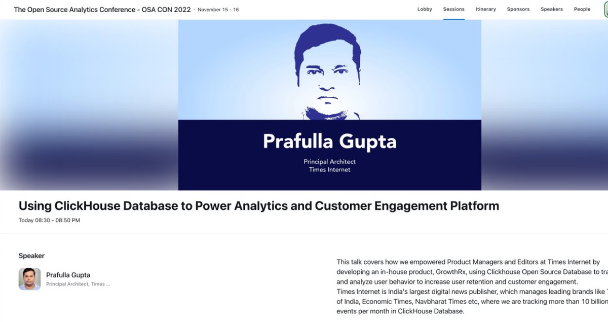 TimesInternet's tweet photo. Times Internet’s Prafulla Gupta recently spoke at the #OSACon2022 and presented how the Clickhouse database enables GrowthRx by churning more than 5 billion records in real-time #data &amp; providing #trends &amp; customer insights. https://t.co/GqOhg1zEC1