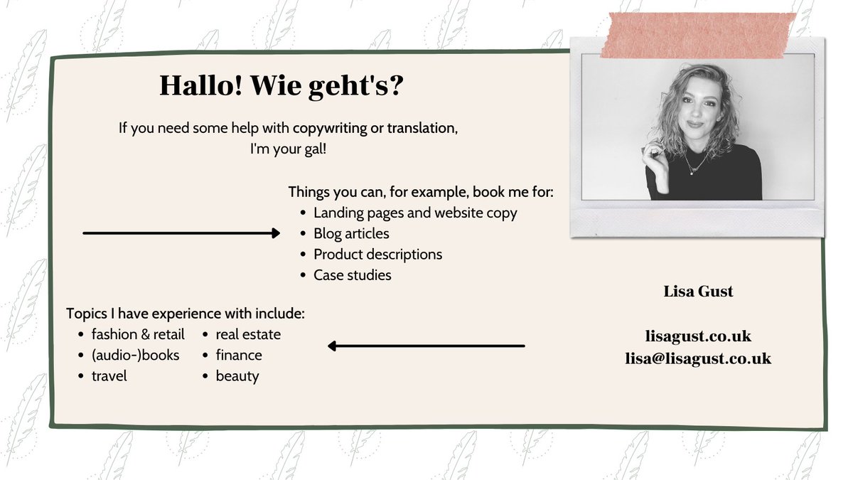 Hey, hi, hello! For a variety of reasons, I find myself with quite some availability. So, if you need any help with copywriting or translation (DE/EN), please let me know! :)